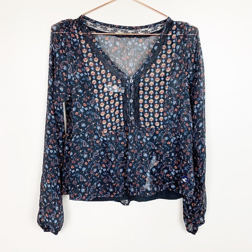 Hollister Sheer V-neck Long Sleeve Tank Lined Black Floral Blouse - XS - NEW